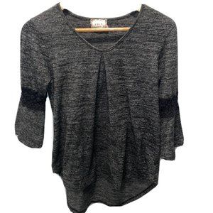 BNLK Anthropologie 3/4 sleeves Gray Black Lace Trim Size Small